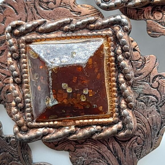 Vintage Copper Glass Etched Bracelet, Speckled Glass, 7" - Picture 3 of 9